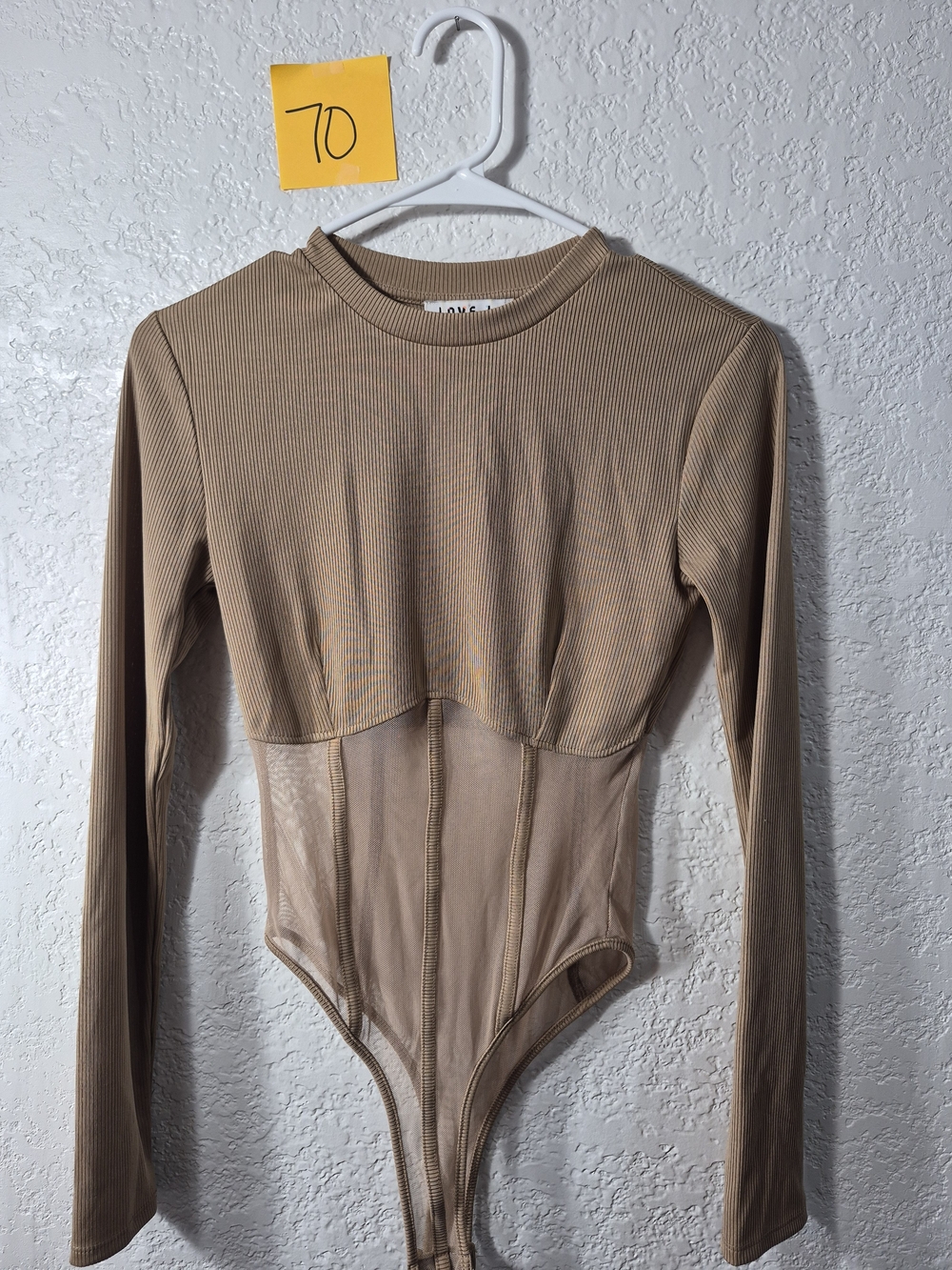 Love J Ribbed Long-Sleeve Bodysuit in Taupe - SMALL